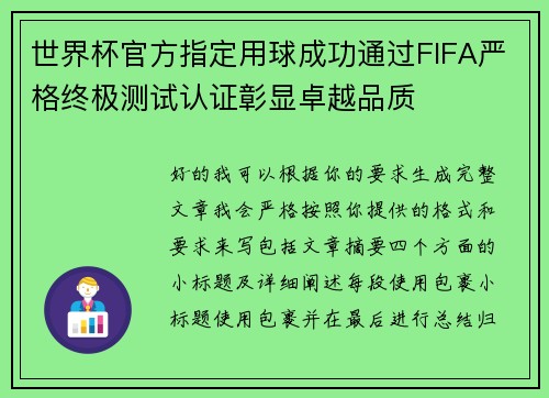 世界杯官方指定用球成功通过FIFA严格终极测试认证彰显卓越品质