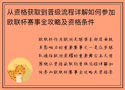 从资格获取到晋级流程详解如何参加欧联杯赛事全攻略及资格条件 从资格获取到晋级流程详解如何参加欧联杯赛事全攻略及资格条件